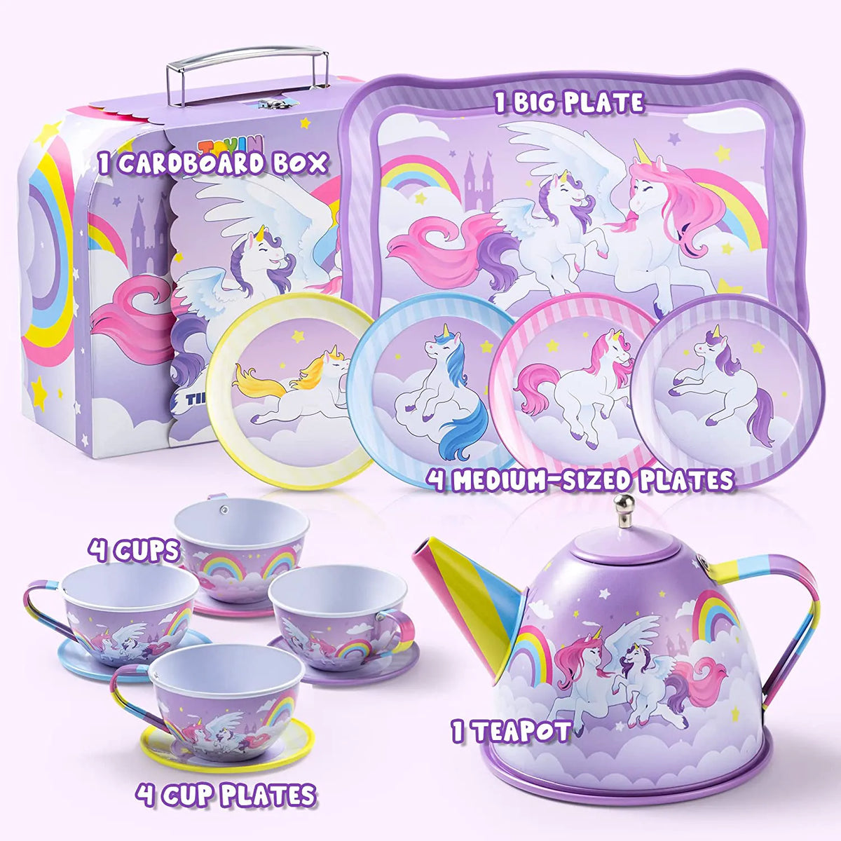Purple Unicorn Castle Pretend Play Tin Teapot Set