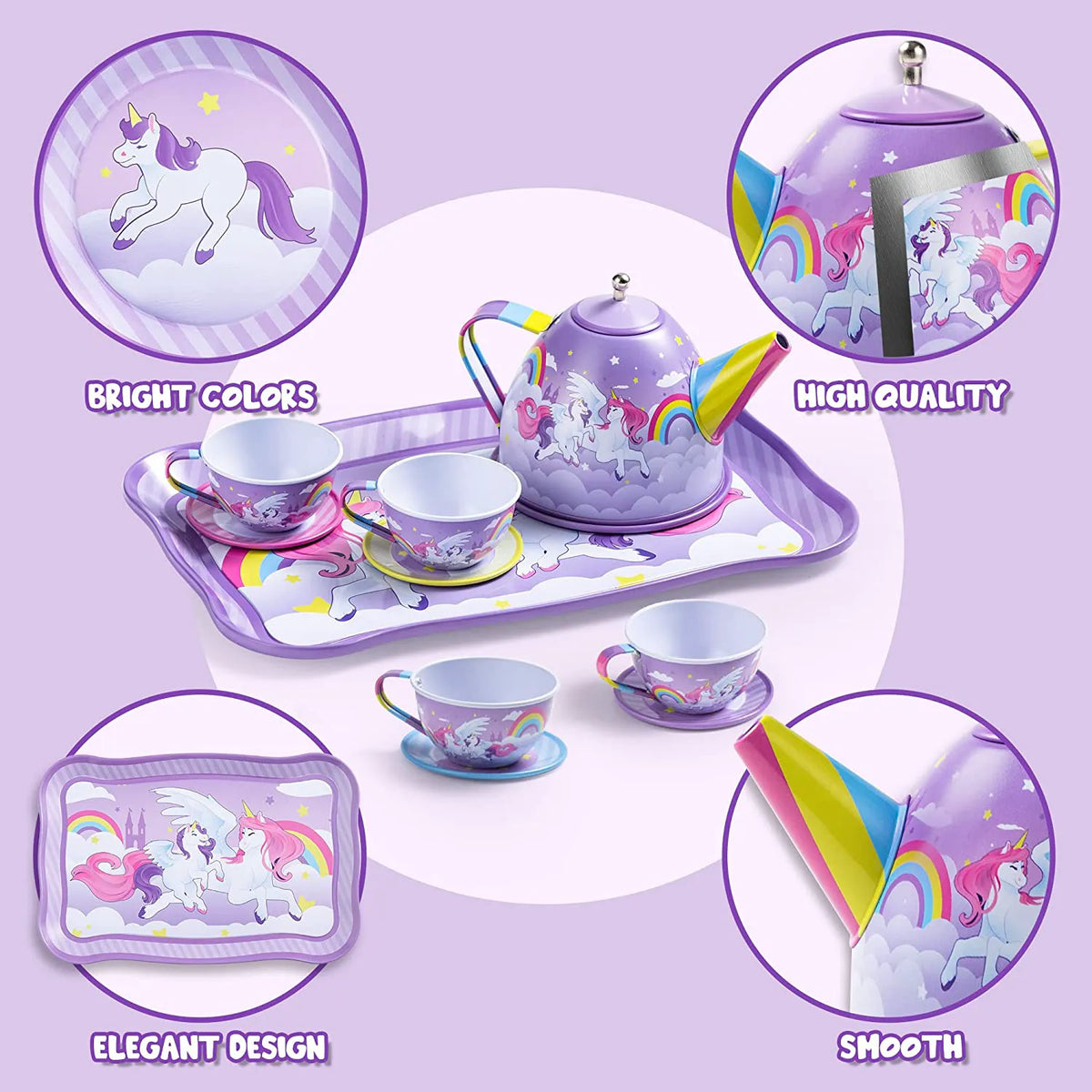 Purple Unicorn Castle Pretend Play Tin Teapot Set