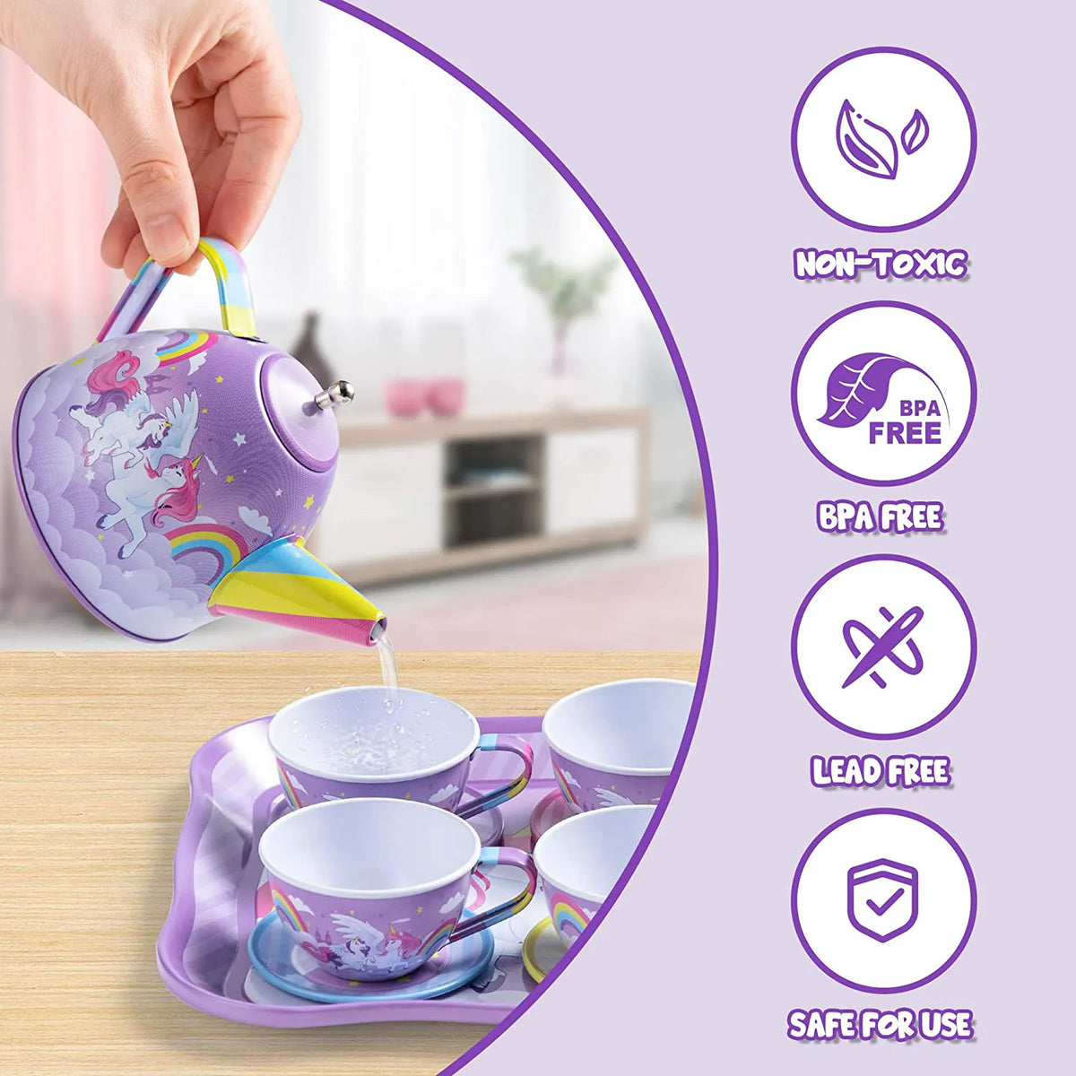 Purple Unicorn Castle Pretend Play Tin Teapot Set