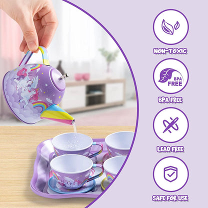 Purple Unicorn Castle Pretend Play Tin Teapot Set