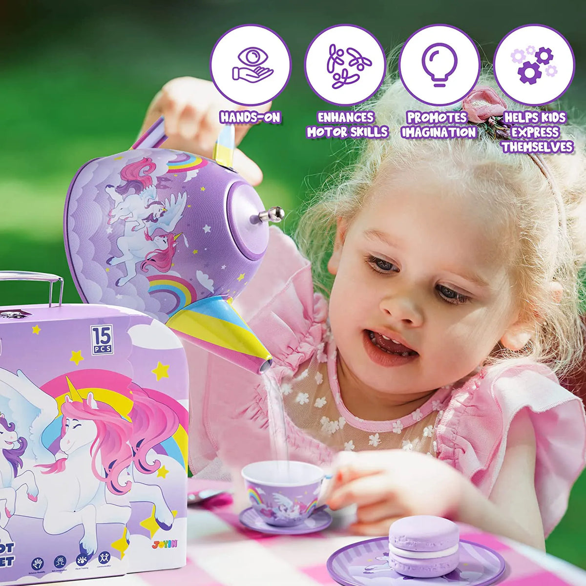 Purple Unicorn Castle Pretend Play Tin Teapot Set
