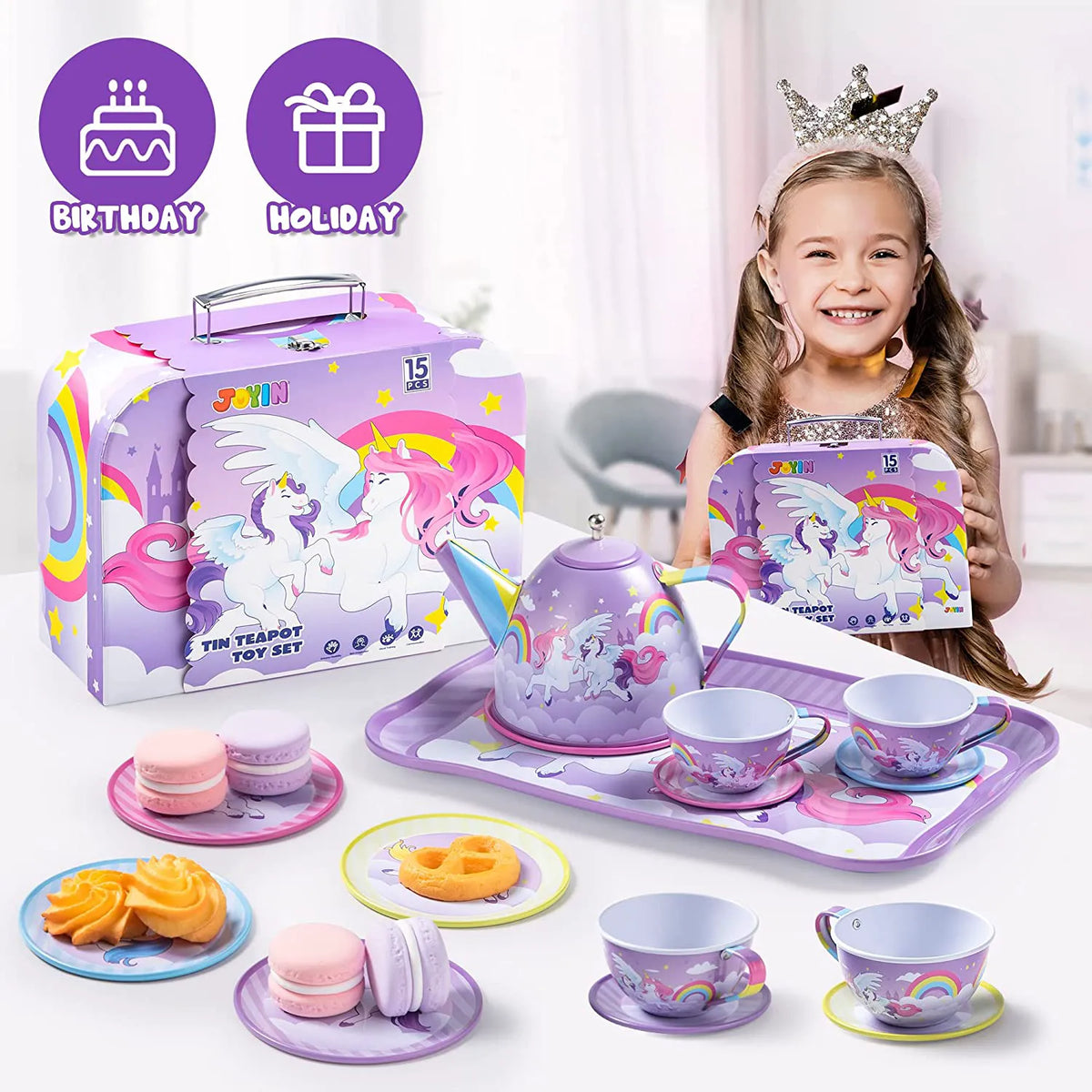 Purple Unicorn Castle Pretend Play Tin Teapot Set
