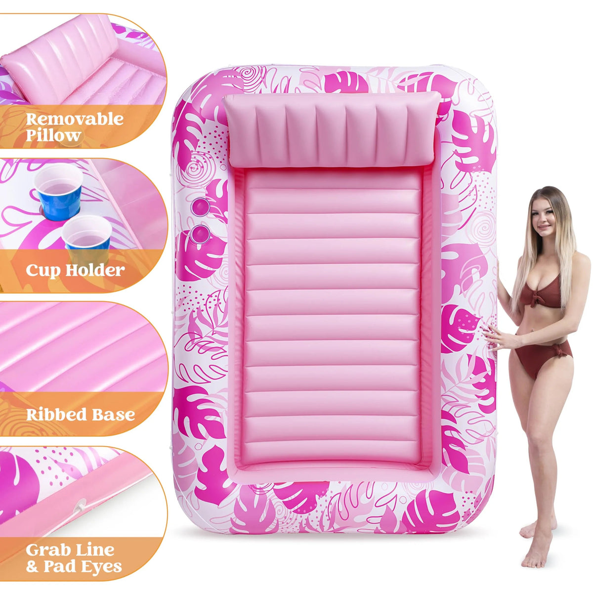 SLOOSH Extra Large Inflatable Tanning Pool & Yard Lounger with Cup Holder, Pink