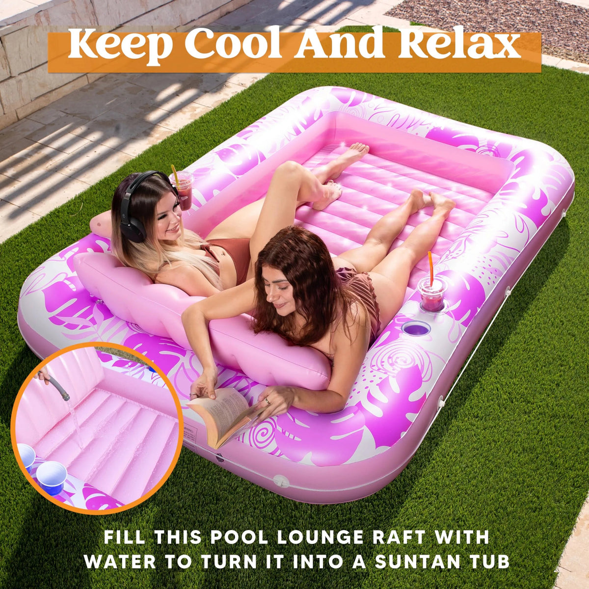 SLOOSH Extra Large Inflatable Tanning Pool & Yard Lounger with Cup Holder, Pink