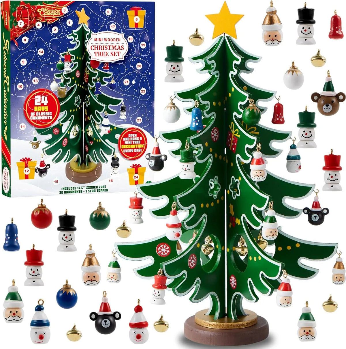 Wooden Christmas Advent Calendar Tree with 24 Ornaments