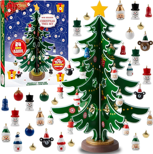 Wooden Christmas Advent Calendar Tree with 24 Ornaments