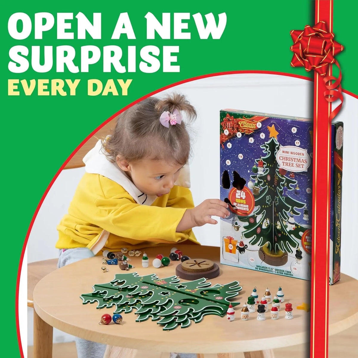 Wooden Christmas Advent Calendar Tree with 24 Ornaments