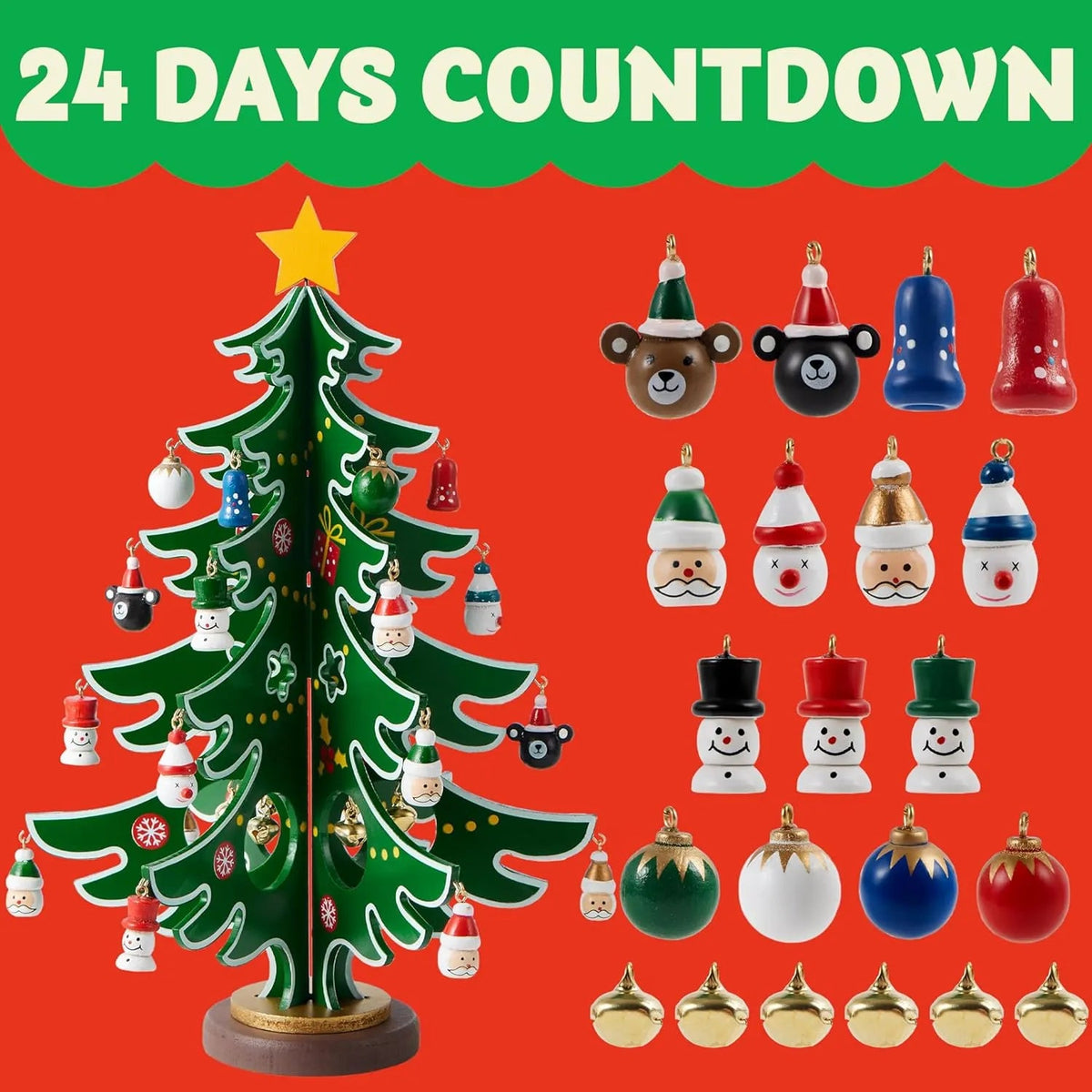 Wooden Christmas Advent Calendar Tree with 24 Ornaments