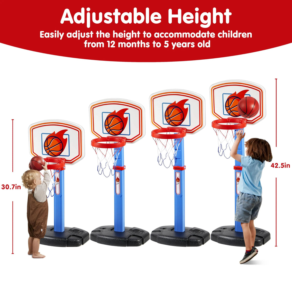 Toddler Basketball Arcade Game Set - Adjustable Hoop with 4 Balls