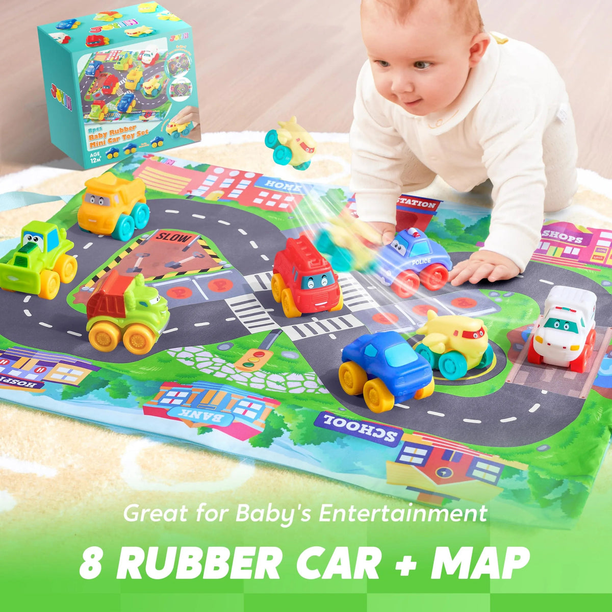 8-Pack Rubber Cartoon Cars for Toddlers with Play Mat