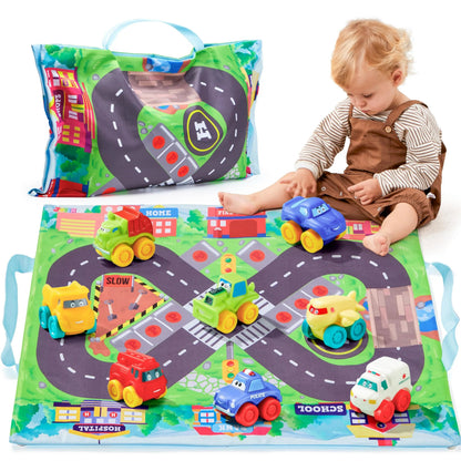8-Pack Rubber Cartoon Cars for Toddlers with Play Mat