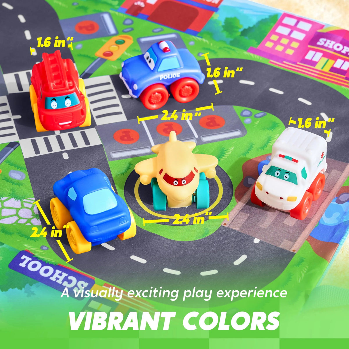 8-Pack Rubber Cartoon Cars for Toddlers with Play Mat