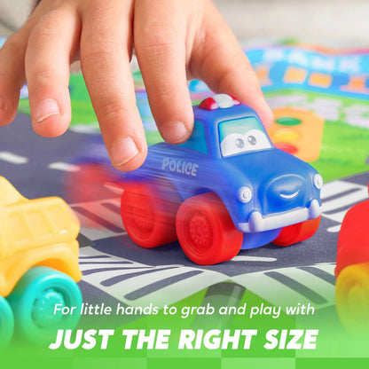 8-Pack Rubber Cartoon Cars for Toddlers with Play Mat