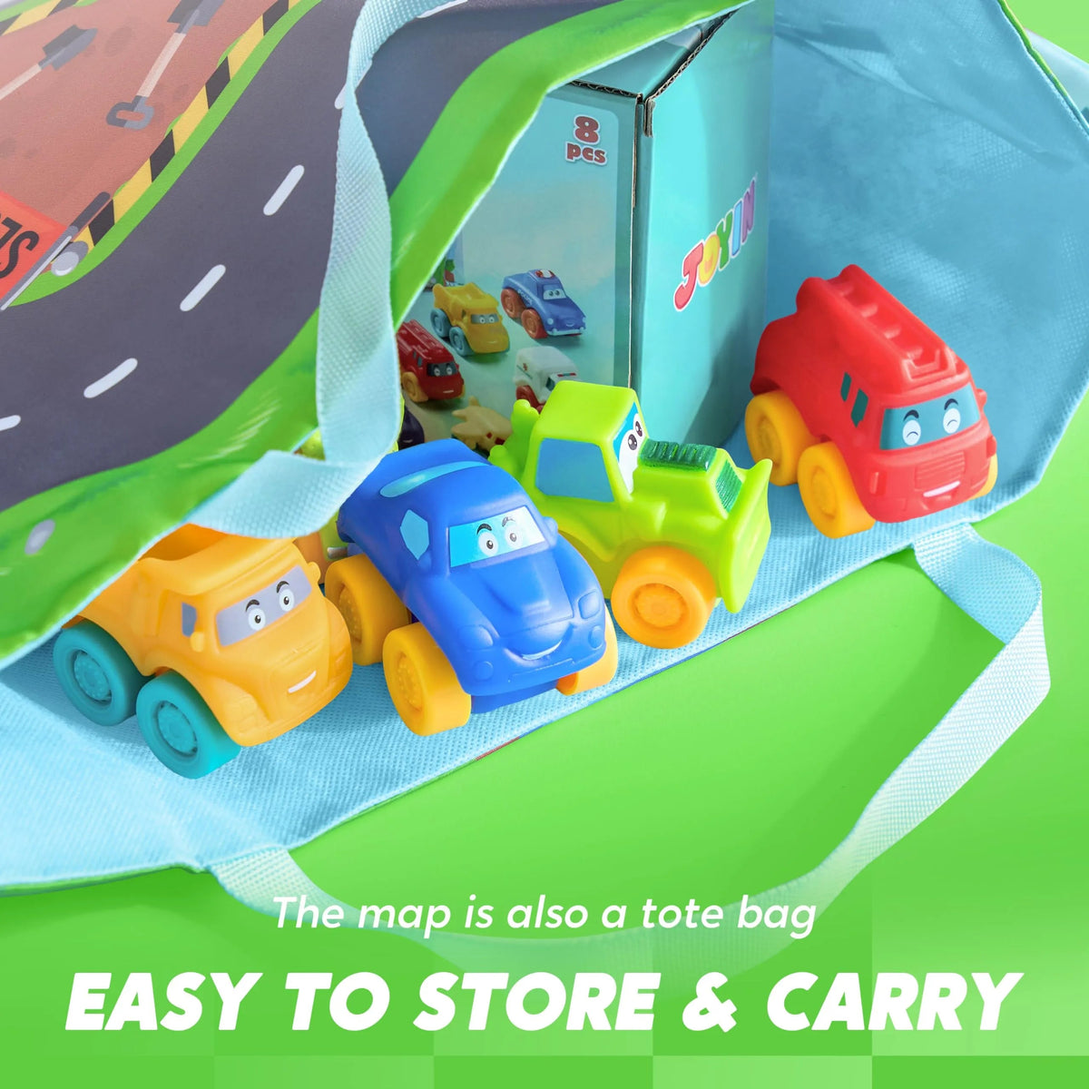 8-Pack Rubber Cartoon Cars for Toddlers with Play Mat