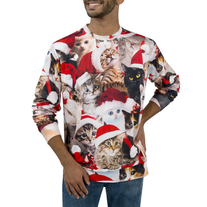 Unisex Loose Christmas Sweatshirt with Cute Kitten Print - Ugly Christmas Sweater