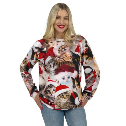 Unisex Loose Christmas Sweatshirt with Cute Kitten Print - Ugly Christmas Sweater