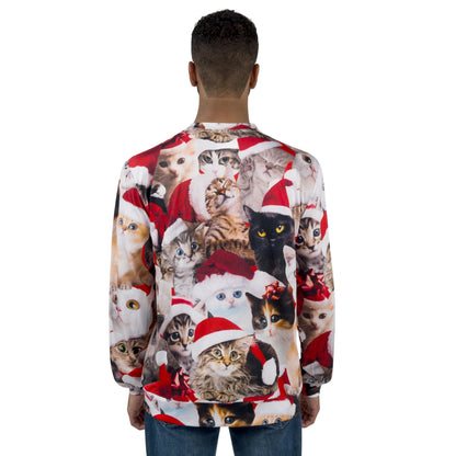 Unisex Loose Christmas Sweatshirt with Cute Kitten Print - Ugly Christmas Sweater