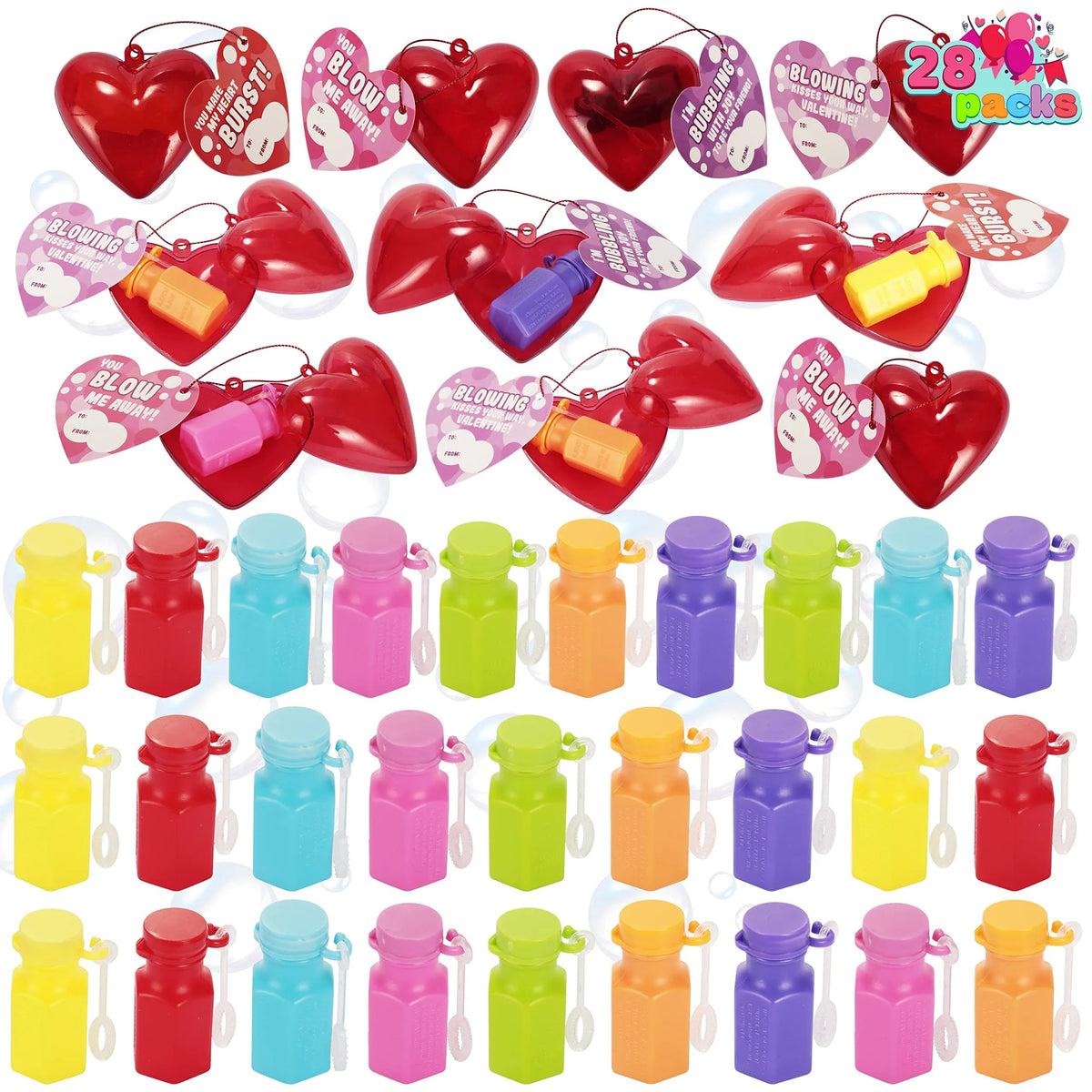28-Piece Mini Heart Bubble Wands with Valentine's Day Cards for Kids Classroom Exchange Gifts