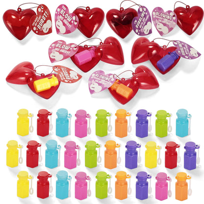 28-Piece Mini Heart Bubble Wands with Valentine's Day Cards for Kids Classroom Exchange Gifts