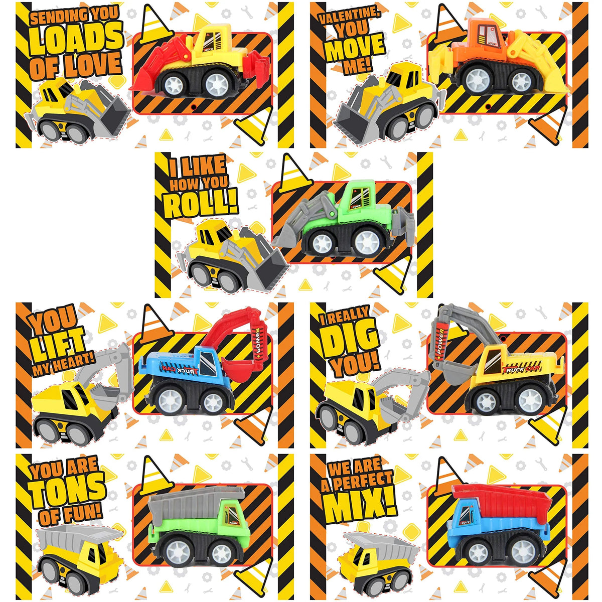28-Piece Mini Construction Vehicle Toy Set with Valentine's Day Cards for Classroom Exchange