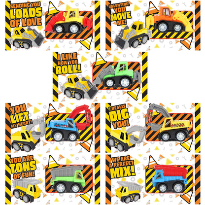 28-Piece Mini Construction Vehicle Toy Set with Valentine's Day Cards for Classroom Exchange