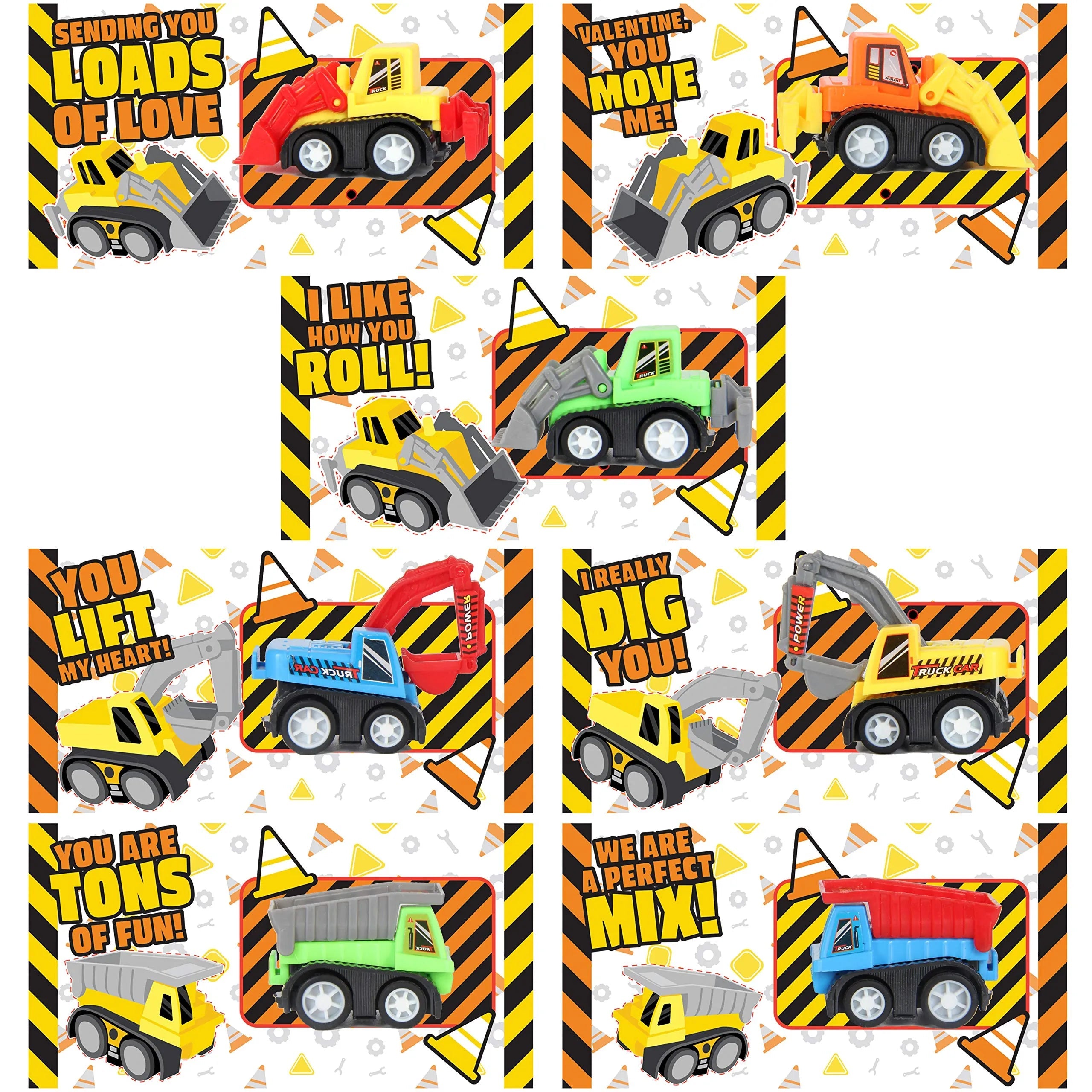 28-Piece Mini Construction Vehicle Toy Set with Valentine's Day Cards for Classroom Exchange