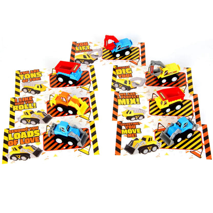 28-Piece Mini Construction Vehicle Toy Set with Valentine's Day Cards for Classroom Exchange