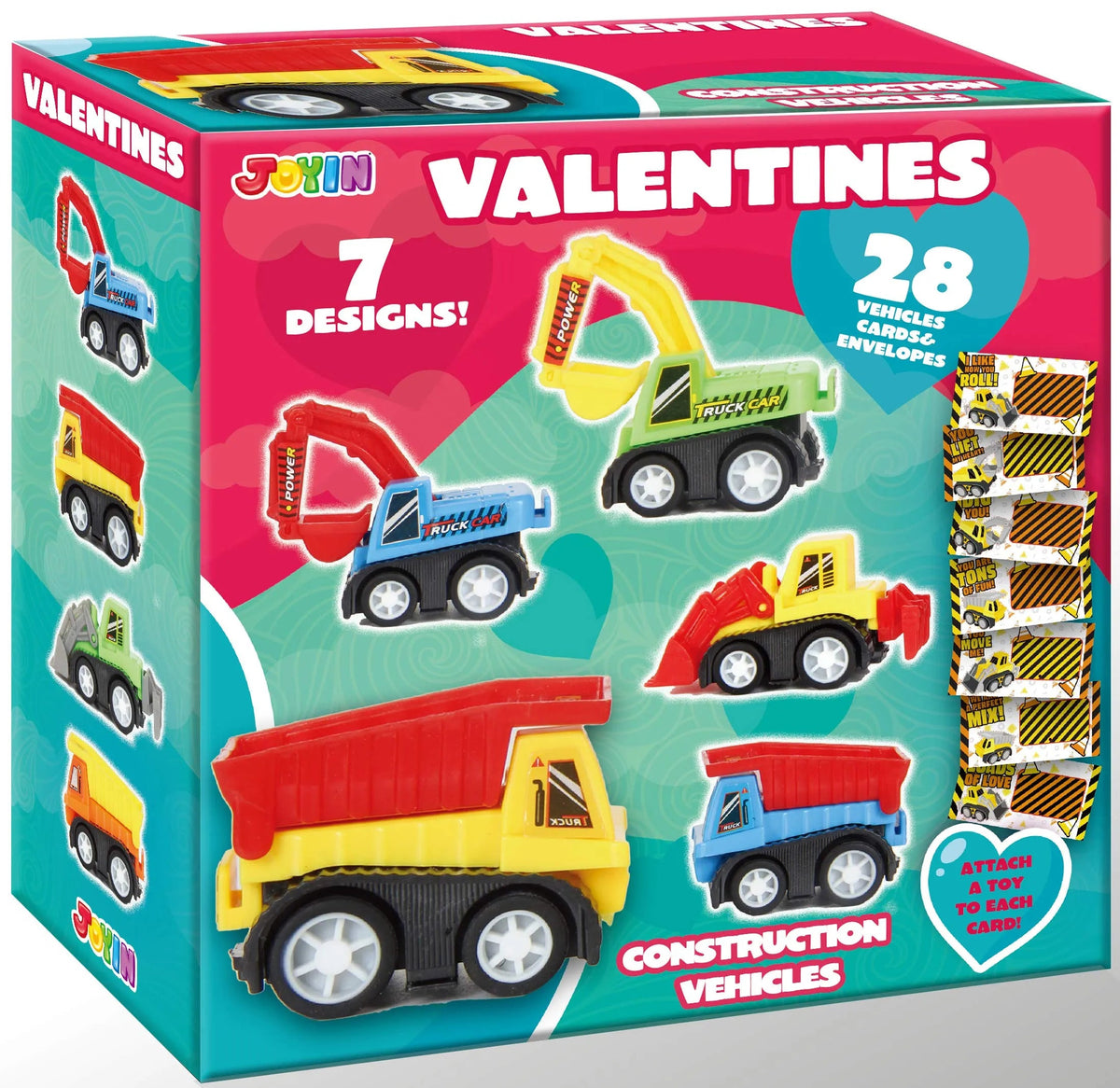 28-Piece Mini Construction Vehicle Toy Set with Valentine's Day Cards for Classroom Exchange