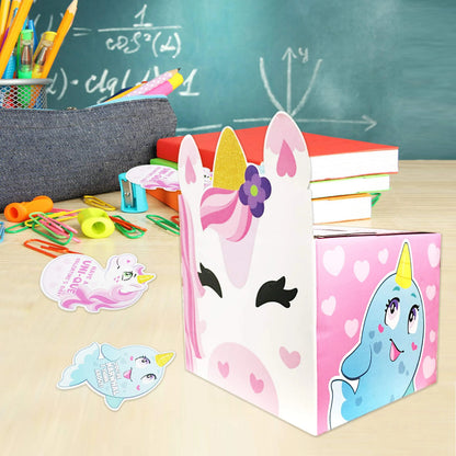 28-Pack Unicorn Valentine's Day Cards with Mailbox for Kids Classroom Exchange