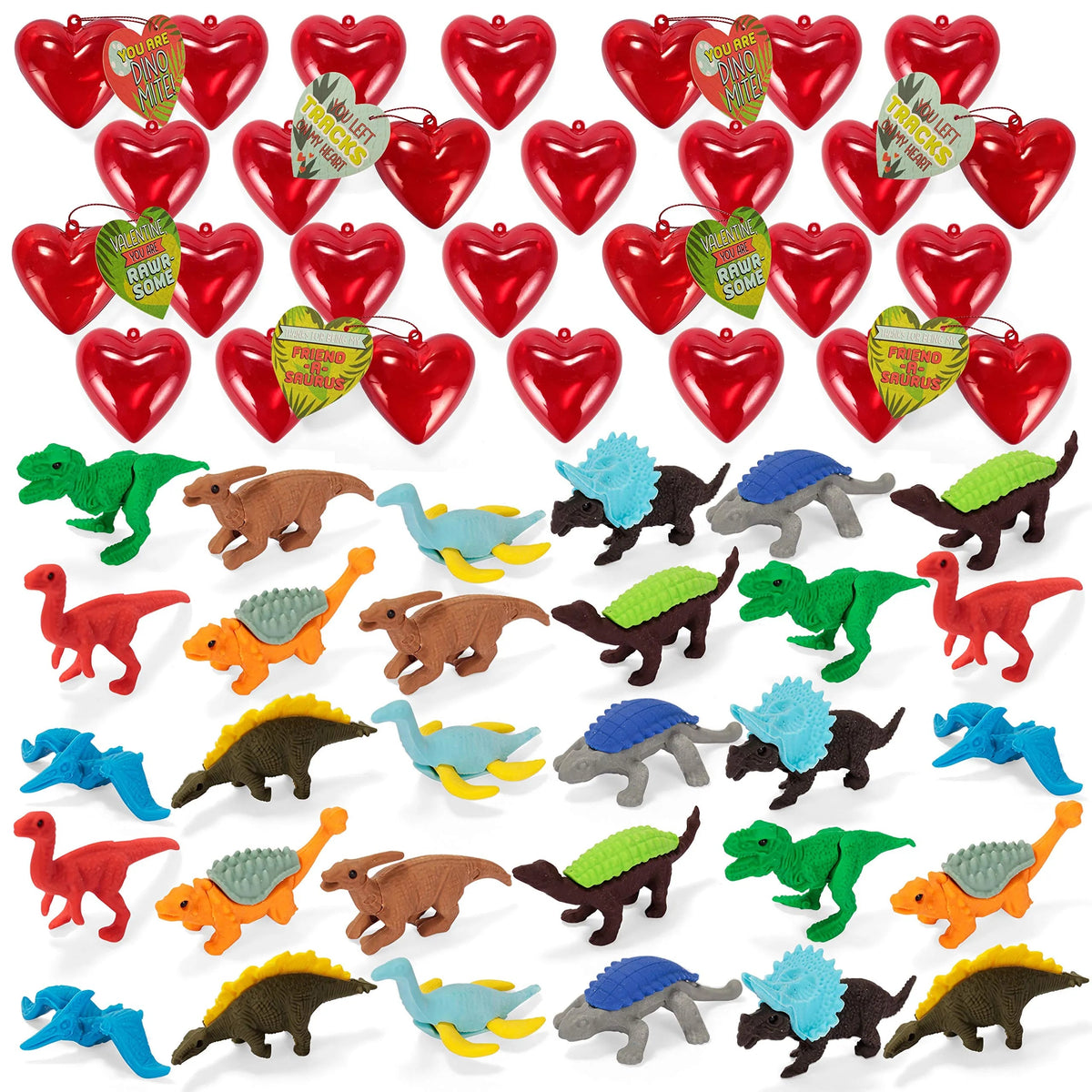 30 Dinosaur Erasers with Valentine's Day Cards for Kids Classroom Exchange Gifts