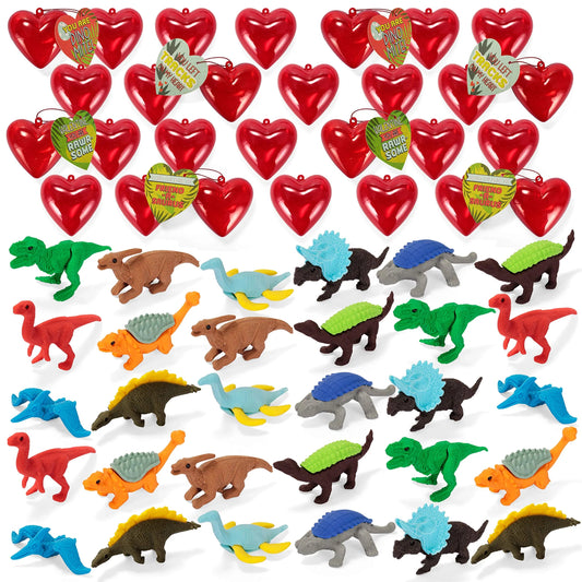 30 Dinosaur Erasers with Valentine's Day Cards for Kids Classroom Exchange Gifts