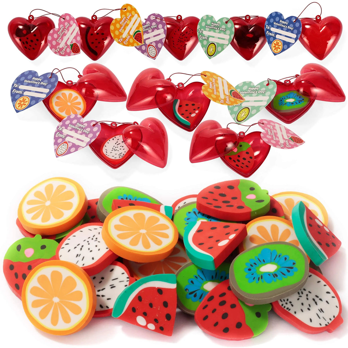 28-Piece Valentine's Fruit Eraser Set with Cards for Kids Classroom Exchange Gifts