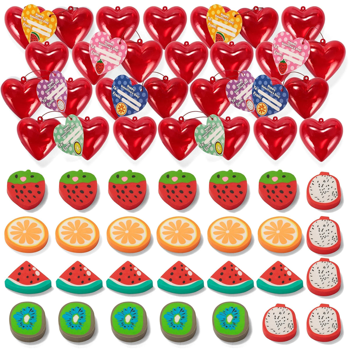 28-Piece Valentine's Fruit Eraser Set with Cards for Kids Classroom Exchange Gifts