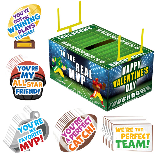 Valentine Boxes Football Classroom Mailbox with Cards for Kids - 4 Designs, 29 Pcs