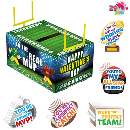 Valentine Boxes Football Classroom Mailbox with Cards for Kids - 4 Designs, 29 Pcs