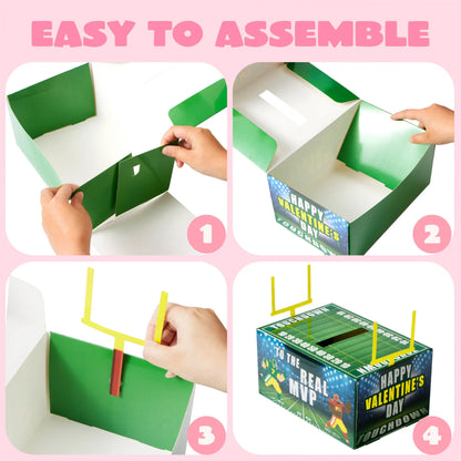 Valentine Boxes Football Classroom Mailbox with Cards for Kids - 4 Designs, 29 Pcs