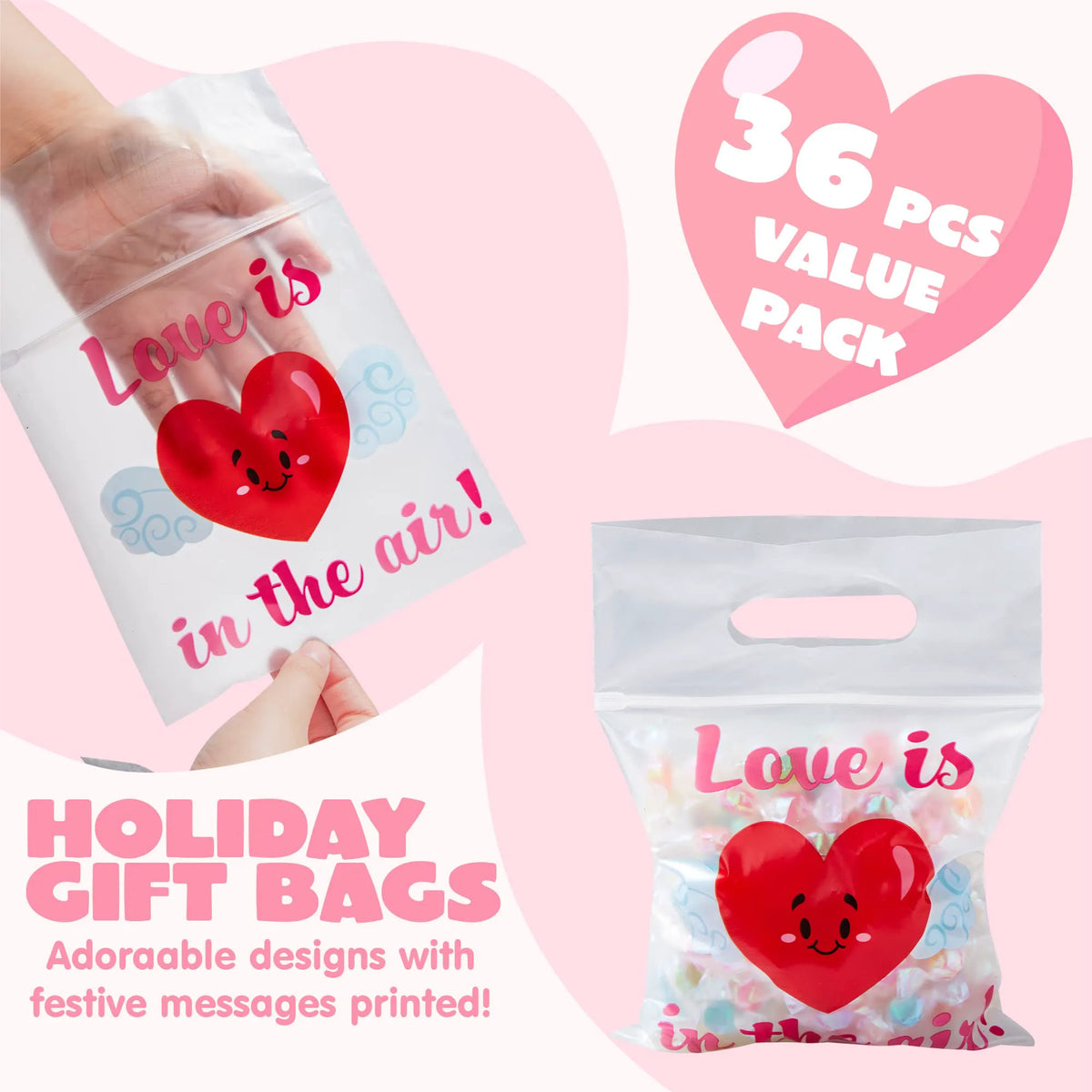 Valentine's Day Cellophane Gift Bags - 36 Pcs, 6 Themed Designs