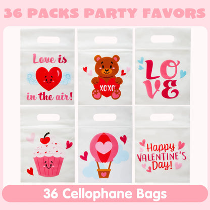 Valentine's Day Cellophane Gift Bags - 36 Pcs, 6 Themed Designs