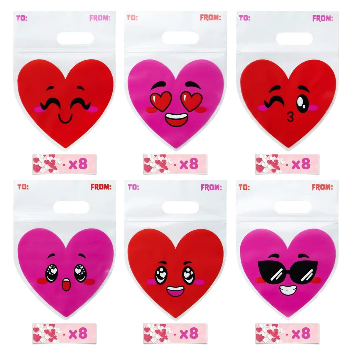 Valentine's Day Cellophane Gift Bags - 48 Pack Red Pink Heart Design Candy Treat Bags for Kids Party Favors, Classroom Exchange Prizes & Cookie Bags