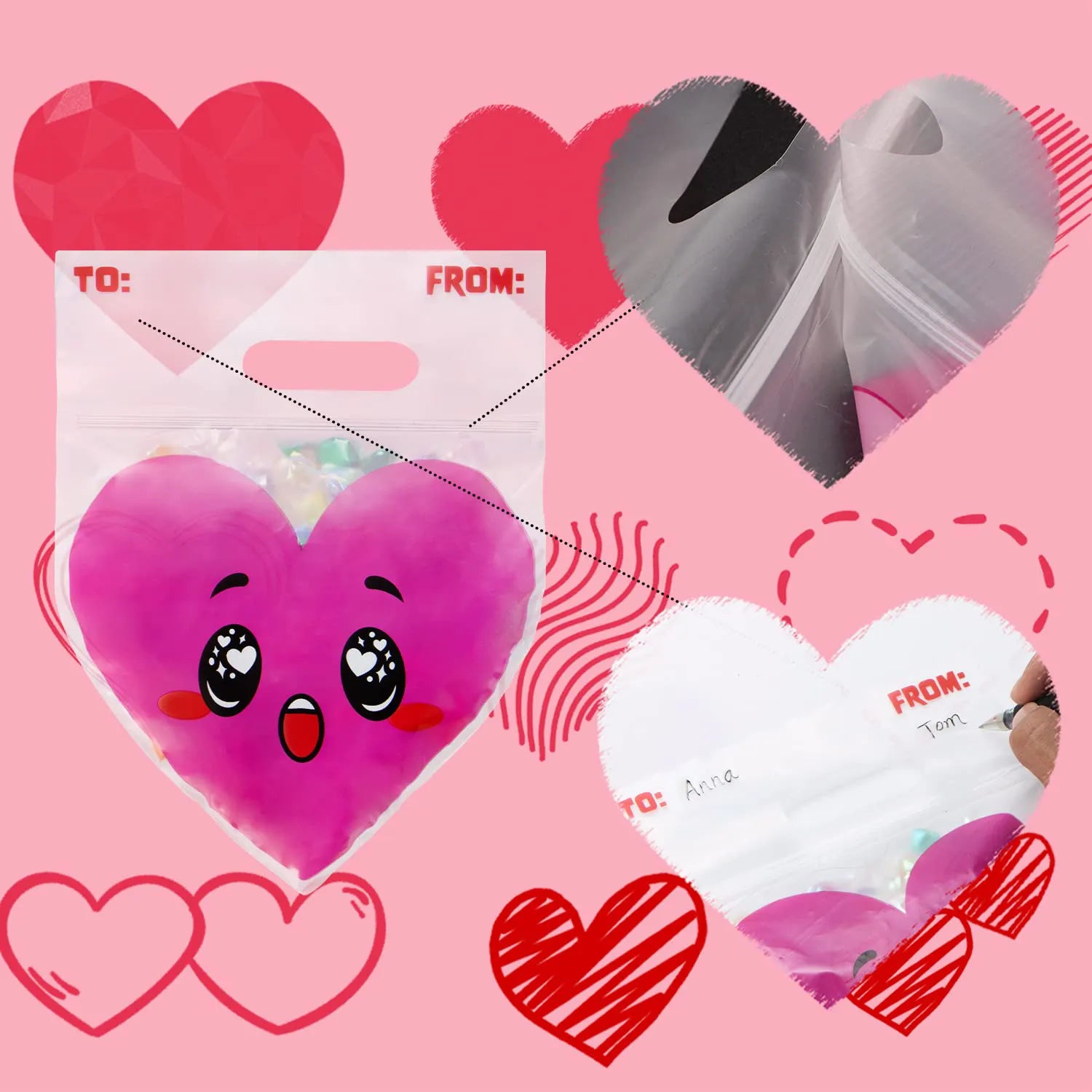 Valentine's Day Cellophane Gift Bags - 48 Pack Red Pink Heart Design Candy Treat Bags for Kids Party Favors, Classroom Exchange Prizes & Cookie Bags