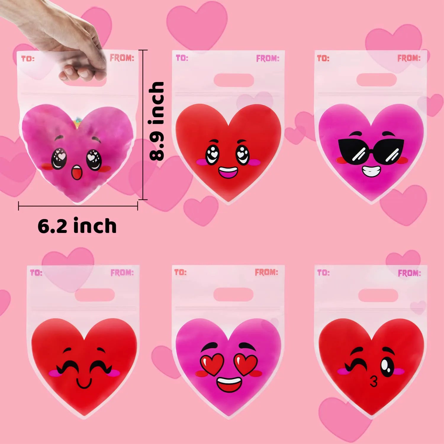 Valentine's Day Cellophane Gift Bags - 48 Pack Red Pink Heart Design Candy Treat Bags for Kids Party Favors, Classroom Exchange Prizes & Cookie Bags
