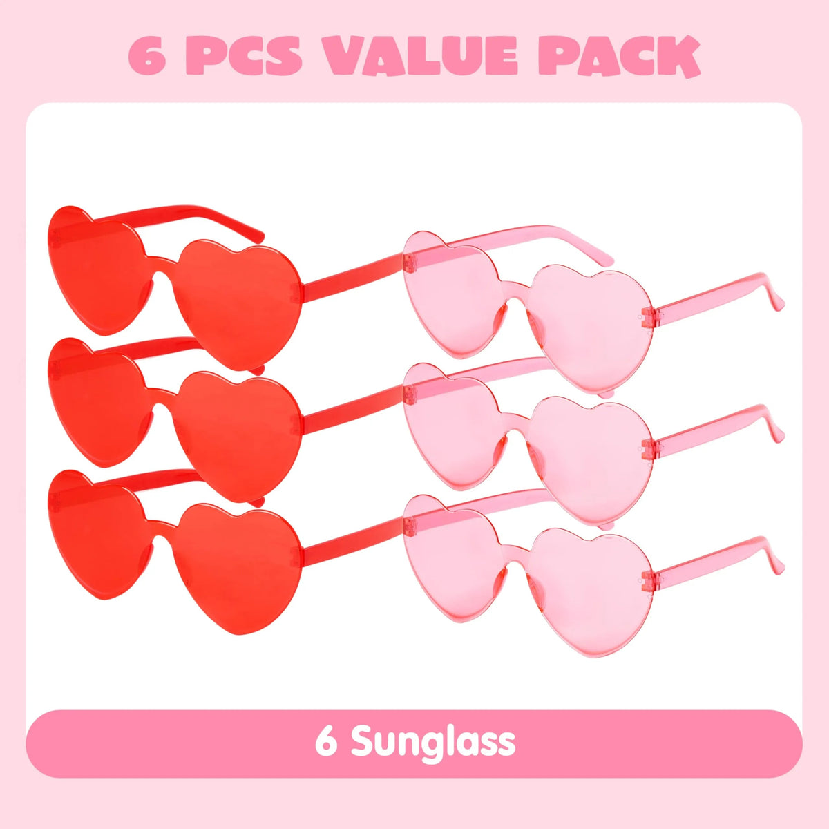 6-Pack Valentine's Day Heart-Shaped Rimless Sunglasses