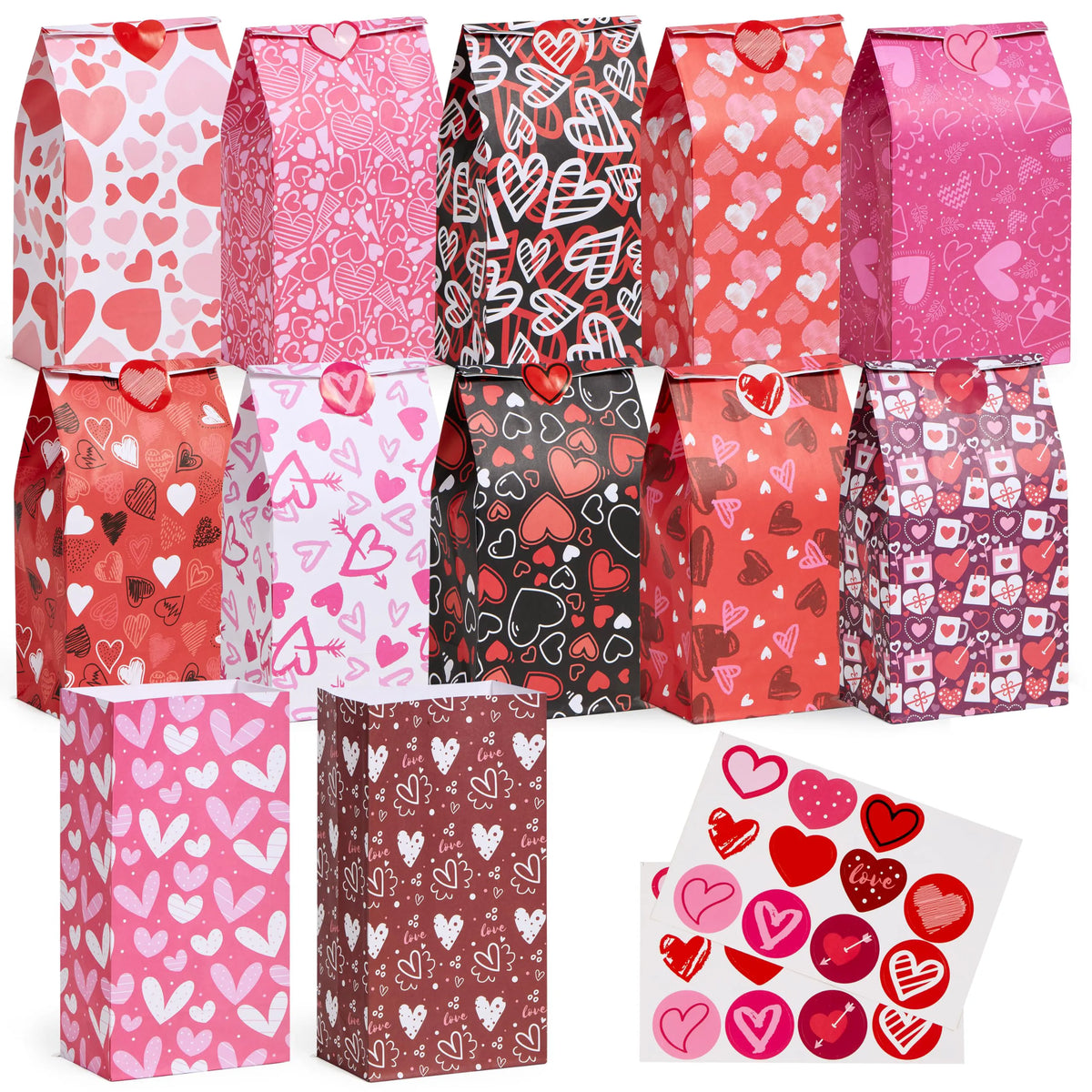 Valentine's Day Paper Gift Bags - 24 Pcs 9.6" with Love Stickers
