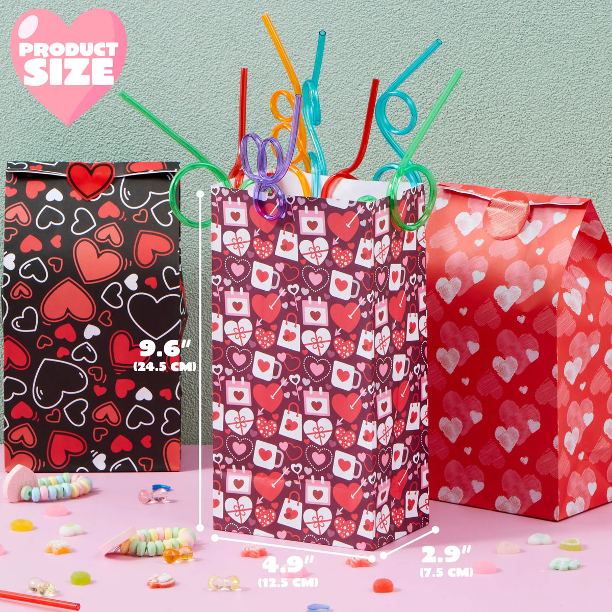 Valentine's Day Paper Gift Bags - 24 Pcs 9.6" with Love Stickers