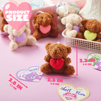 Valentine's Day Party Favors Bulk 24 Pack, Plush Teddy Bears Holding Hearts with Cards