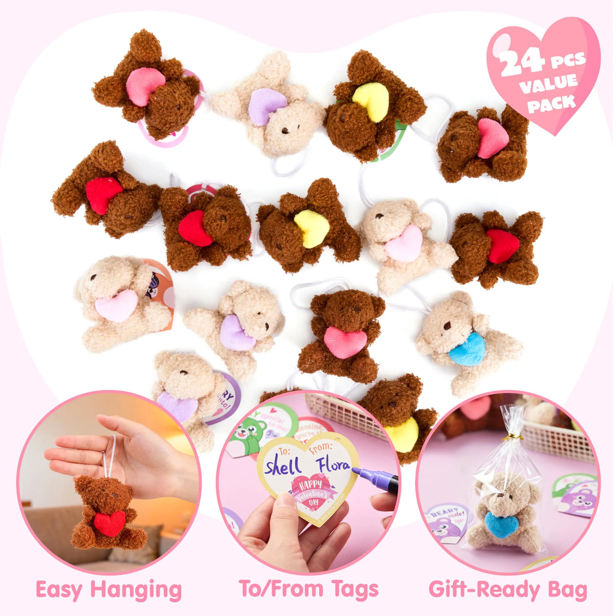 Valentine's Day Party Favors Bulk 24 Pack, Plush Teddy Bears Holding Hearts with Cards
