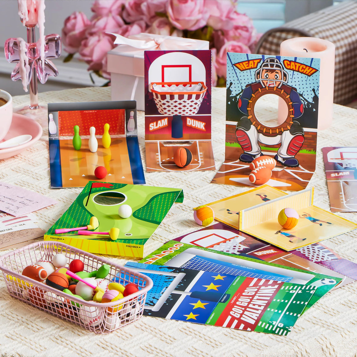 Valentine's Day Sports Party Favors for Kids - 28 Game Cards + 7 Mini Sports Ball Erasers (Football, Basketball, Soccer) | Class Prizes, Goodie Bag Stuffers