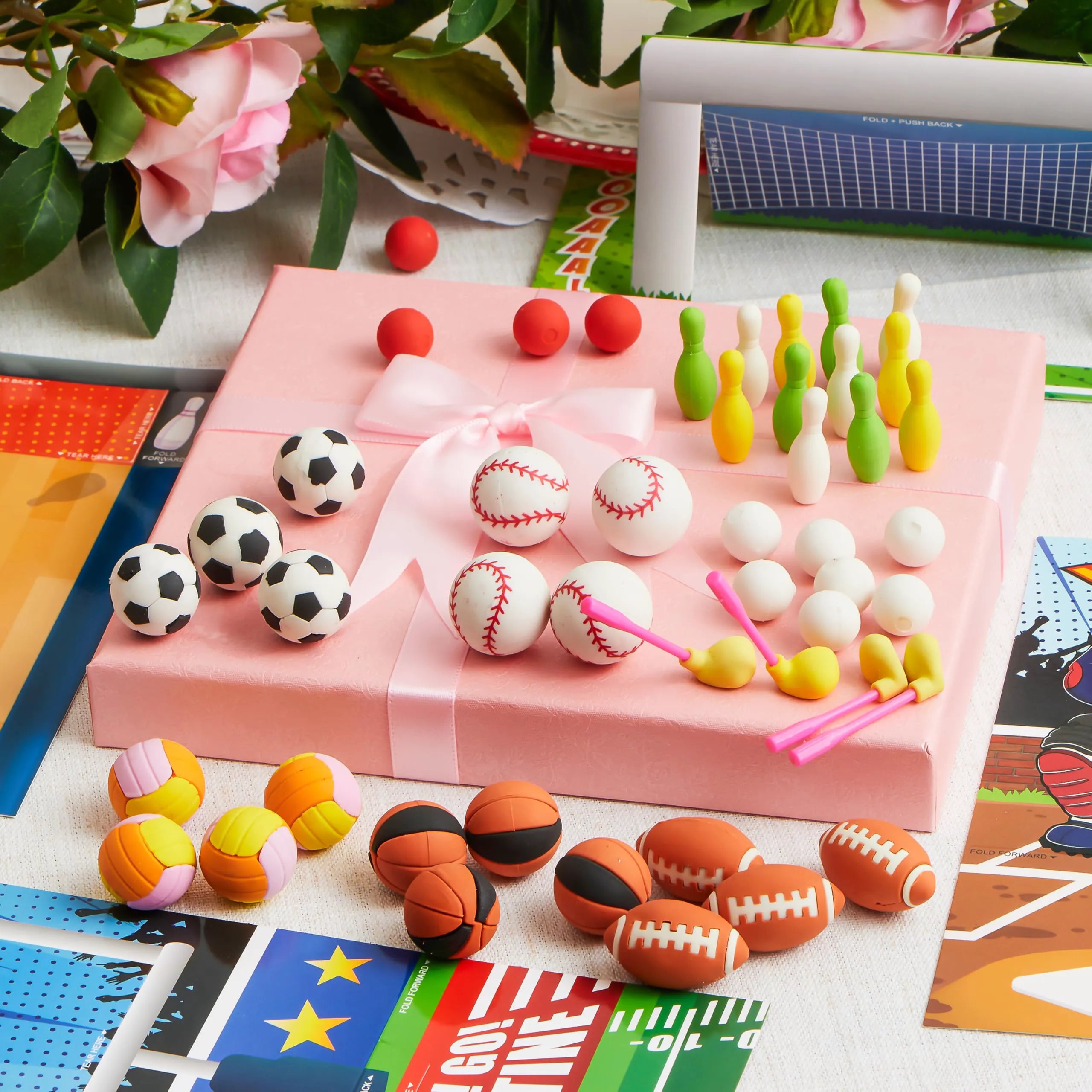 Valentine's Day Sports Party Favors for Kids - 28 Game Cards + 7 Mini Sports Ball Erasers (Football, Basketball, Soccer) | Class Prizes, Goodie Bag Stuffers
