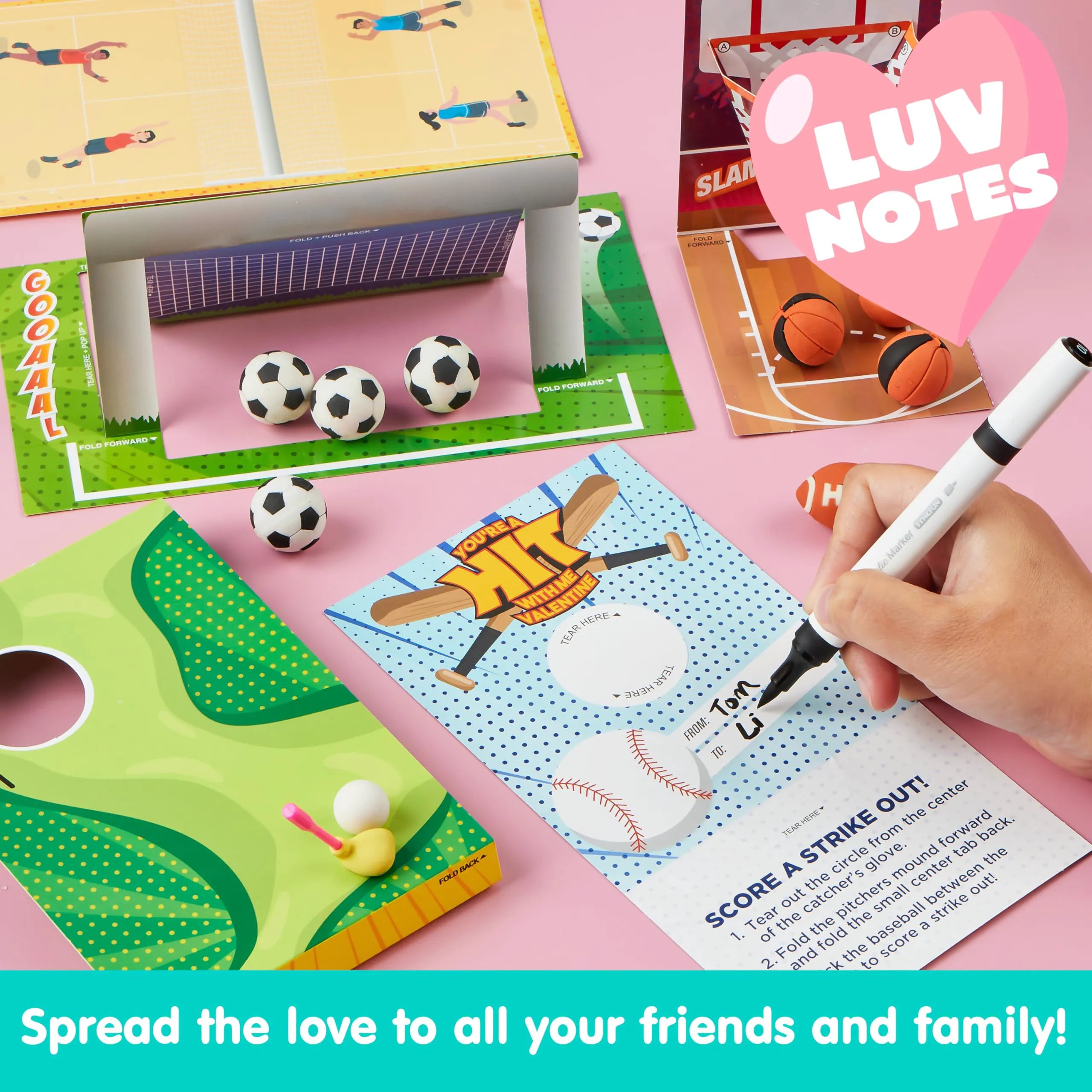 Valentine's Day Sports Party Favors for Kids - 28 Game Cards + 7 Mini Sports Ball Erasers (Football, Basketball, Soccer) | Class Prizes, Goodie Bag Stuffers