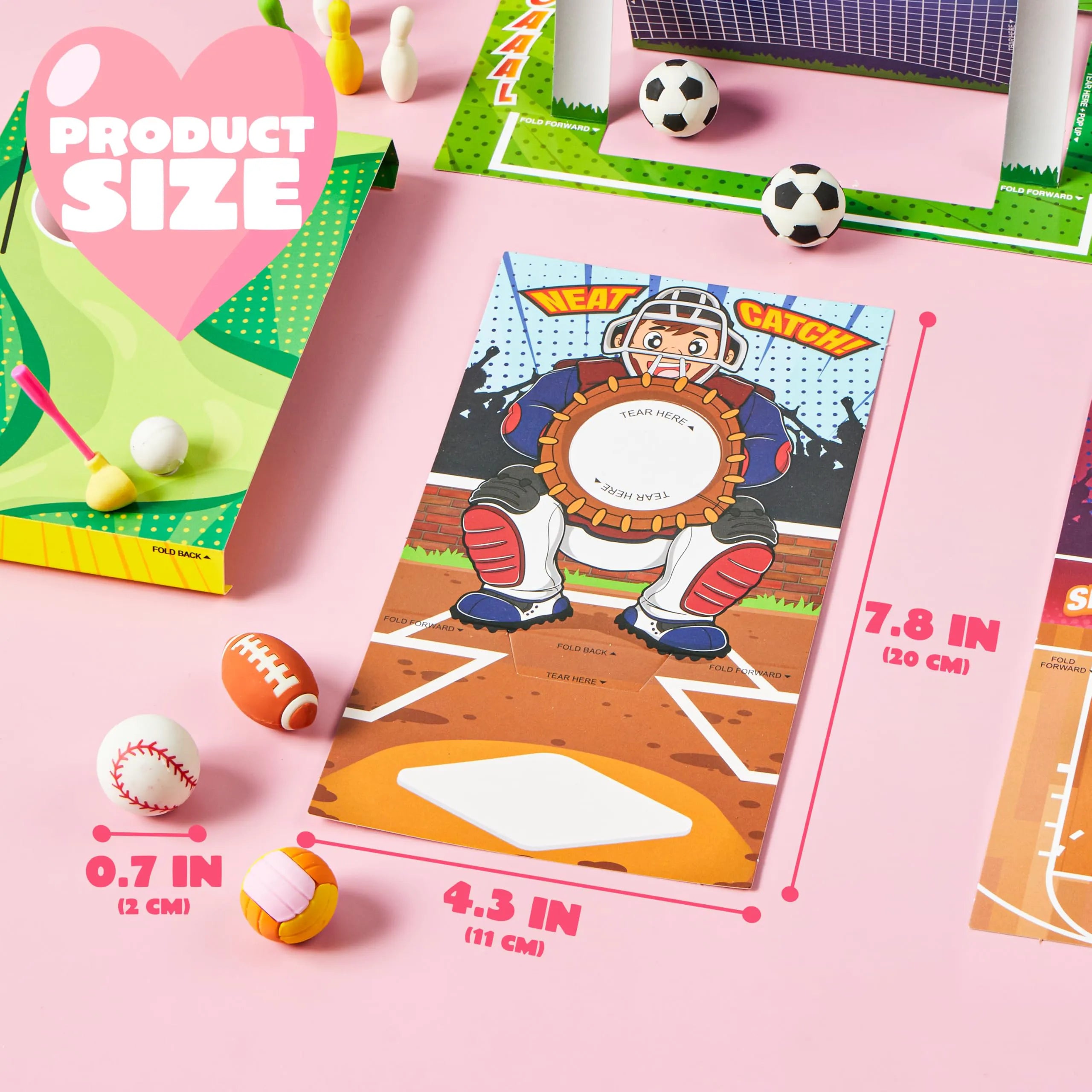 Valentine's Day Sports Party Favors for Kids - 28 Game Cards + 7 Mini Sports Ball Erasers (Football, Basketball, Soccer) | Class Prizes, Goodie Bag Stuffers